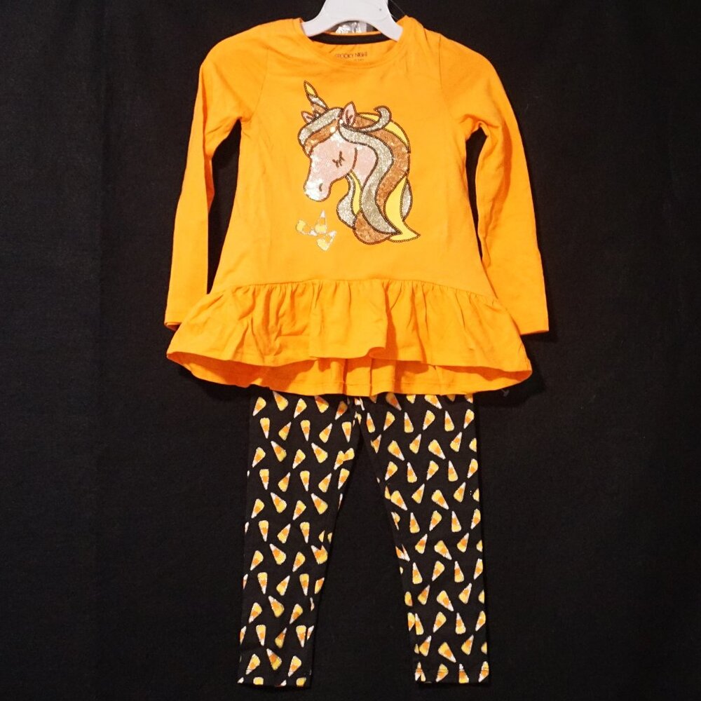 Spooky Night 3 Piece Set Halloween Sequin Unicorn and Candy Corn Girl’s Med 7/8